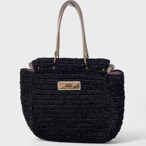 Laugoa Rattan Woven Large Handbag Black Cream Vegan Leather Straps